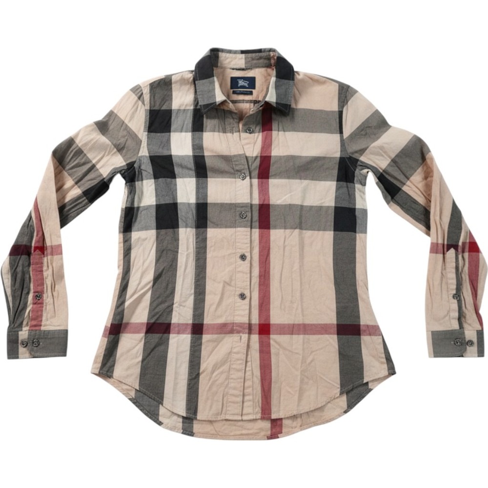 Burberry Brit Shirt Womens XS Tan Oversized Check Long Sleeve Cotton Button Down